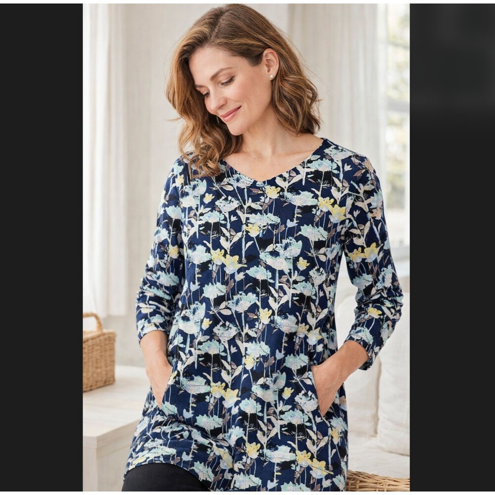 J Jill Pure Jill A-Line Tunic 1X Floral Blue Kangaroo Pocket Soft Knit Top